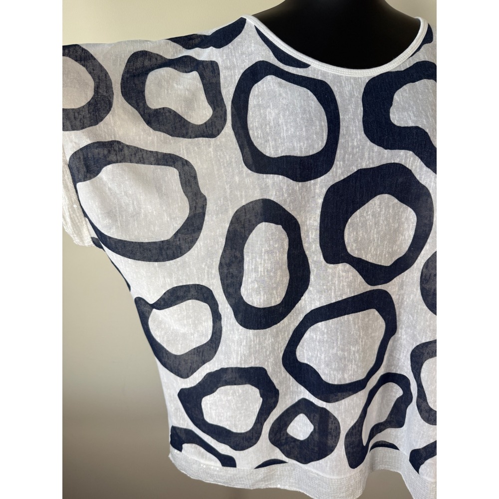 Made in Italy Linen Blend Tunic Top Navy White Abstract Circle Sequin Trim M/L - Picture 2 of 10